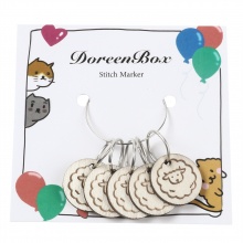 Doreenbox Zinklegierung & Holz Stricken Stitch Markers Rund Silberfarbe Hell Khaki Schaf 30mm x 19mm, 1 Set ( 5 Stücke/Set)