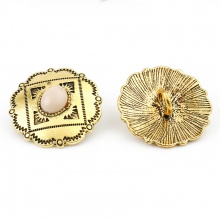 Zinklegierung Böhmischer Stil Metall Ösenknöpfe Einzeln Loch Antik Golden Aprikosenfarbe Beige Blumen Geschnitzte Muster Mit Harz Cabochons 3cm x 2.9cm, 3 Stück