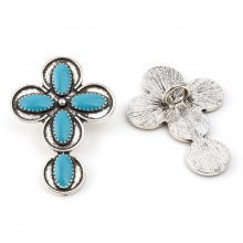 Zinklegierung Böhmischer Stil Metall Ösenknöpfe Einzeln Loch Kreuz Antiksilber Cyan Emaille 4.7cm x 3.3cm, 2 Stück