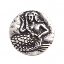 Zinc Based Alloy Sewing Shank Buttons Single Hole Round Antique Silver Filled Mermaid Carved 19mm Dia., 5 PCs