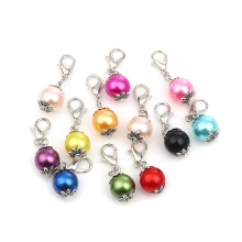 Acrylic & Zinc Based Alloy Knitting Stitch Markers Round Antique Silver Color At Random Color Imitation Pearl 27mm x 10mm, 12 PCs