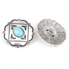 Zinc Based Alloy Boho Chic Bohemia Metal Sewing Shank Buttons Single Hole Antique Silver Color Skyblue Flower Carved Pattern With Resin Cabochons 3cm x 2.9cm, 3 PCs