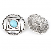 Zinc Based Alloy Boho Chic Bohemia Metal Sewing Shank Buttons Single Hole Antique Silver Color Skyblue Flower Carved Pattern With Resin Cabochons 3cm x 2.9cm, 3 PCs