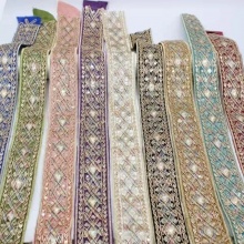 Polyester Ethnic Jacquard Webbing Ribbon Multicolor Grid Checker Embroidered 4.5cm