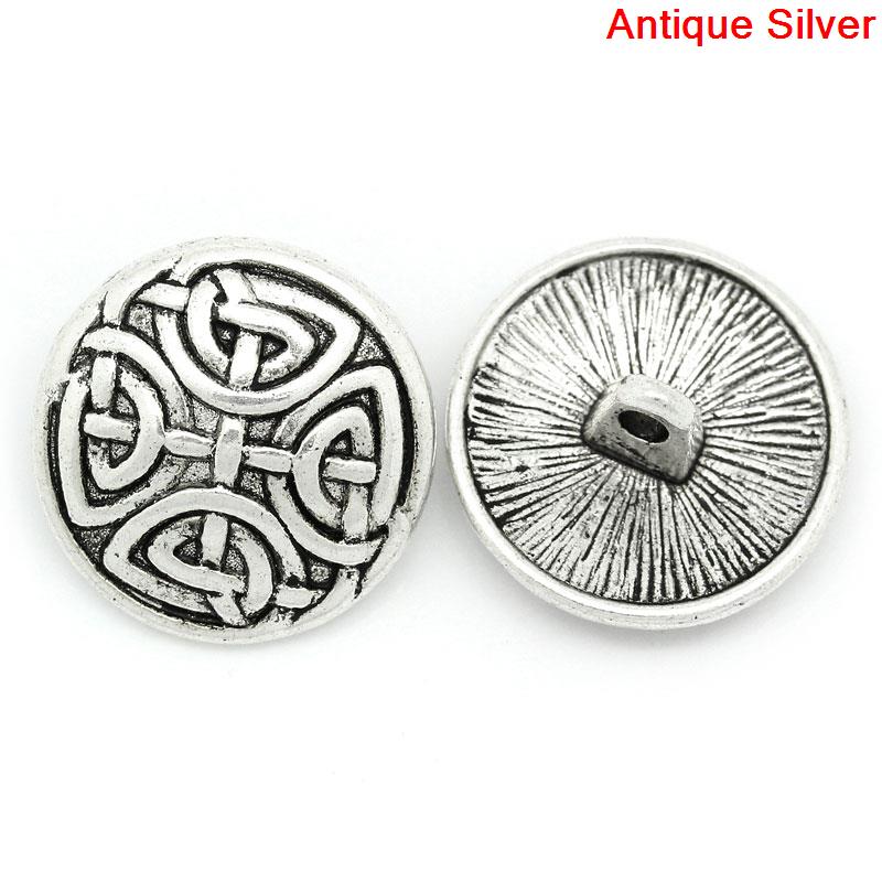 Zinc Based Alloy Metal Sewing Shank Buttons Round Antique Silver Knot Carved 17mm( 5/8