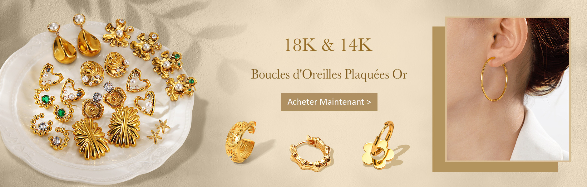 18K & 14K Boucles d’Oreilles Plaqués Or