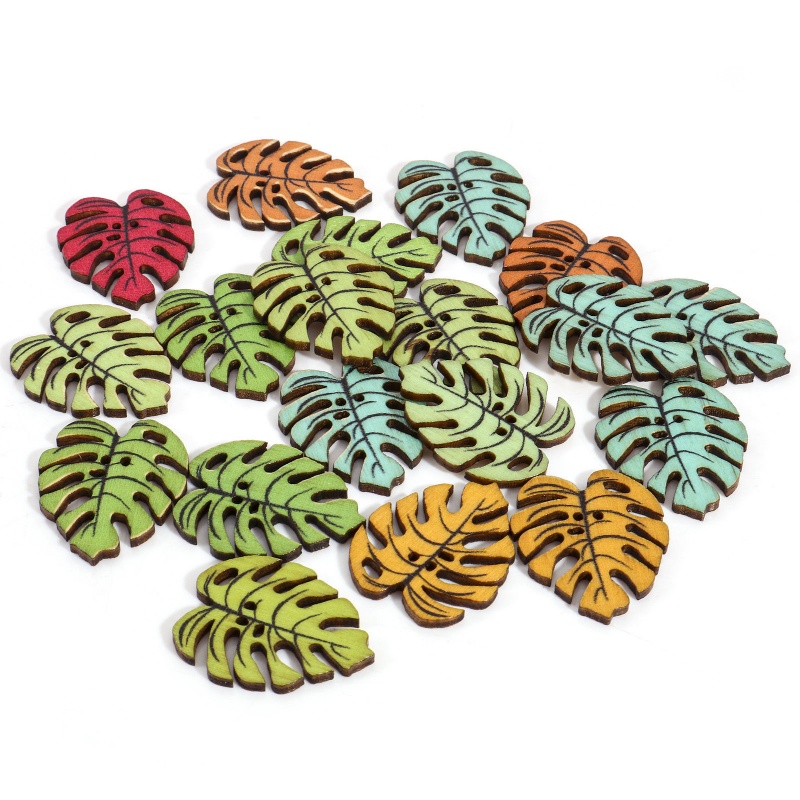 Legno Bottone Scrapbook Due Fori A Random Foglia di Monstera Disegno 29mm x 24mm, 1 Pacchetto ( 50 Pz/Pacchetto)